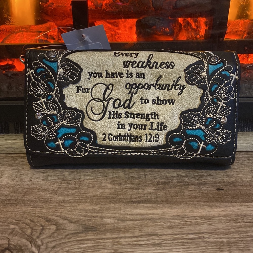 Multi Functional Western Bible Verse Trifold Clutch Crossbody Wallet
